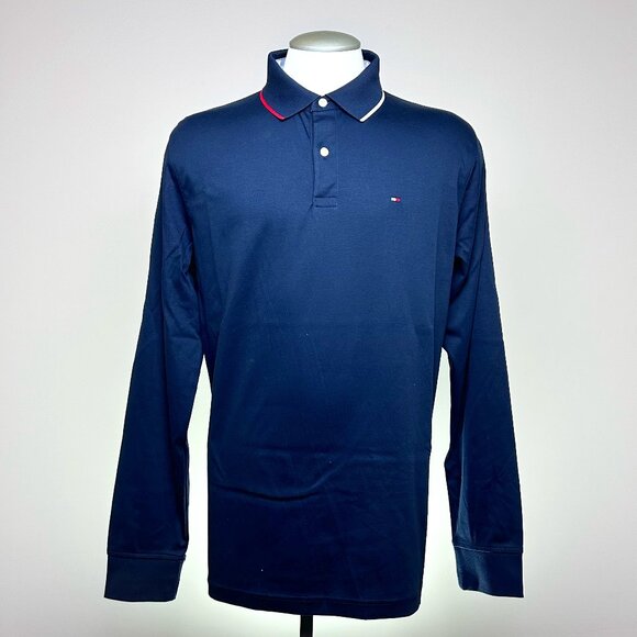 Tommy Hilfiger Slim Fit Long-Sleeve Polo XL Navy Blue Cotton - Picture 1 of 4